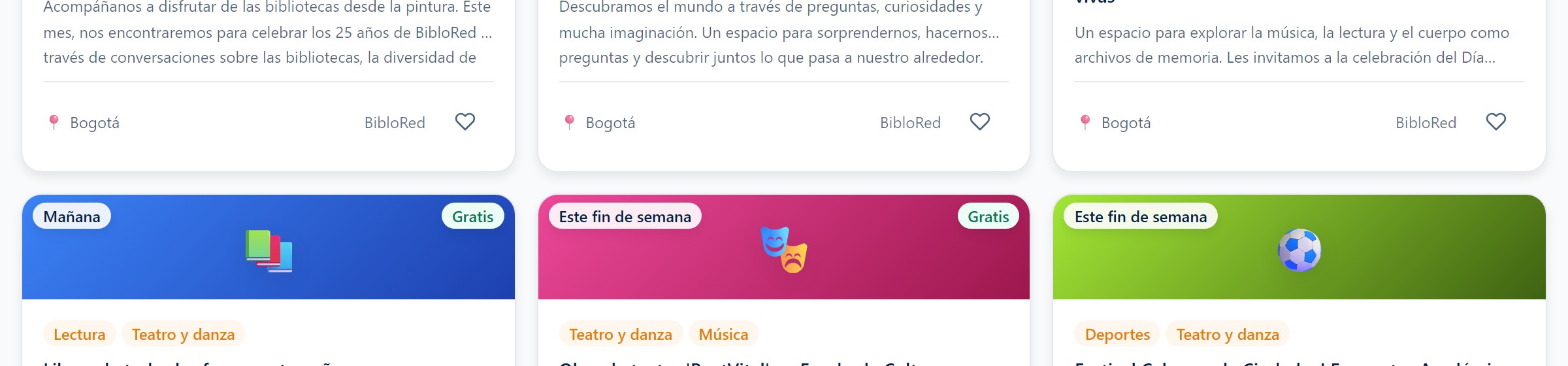 Tarjetas de actividades con botón de favorito (corazón)