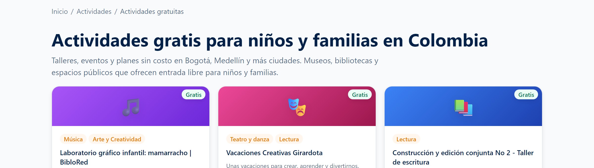 Sección de actividades gratuitas en HabitaPlan